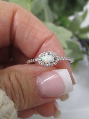 Opal Ring>925 Opal Ring with Simulated Diamonds,Halo Opal Ring,Sterling Silver